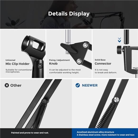 Microphone Arm Stand, Suspension Boom Scissor Mic Arm Stand with 3/8” to 5/8” - Picture 6 of 7